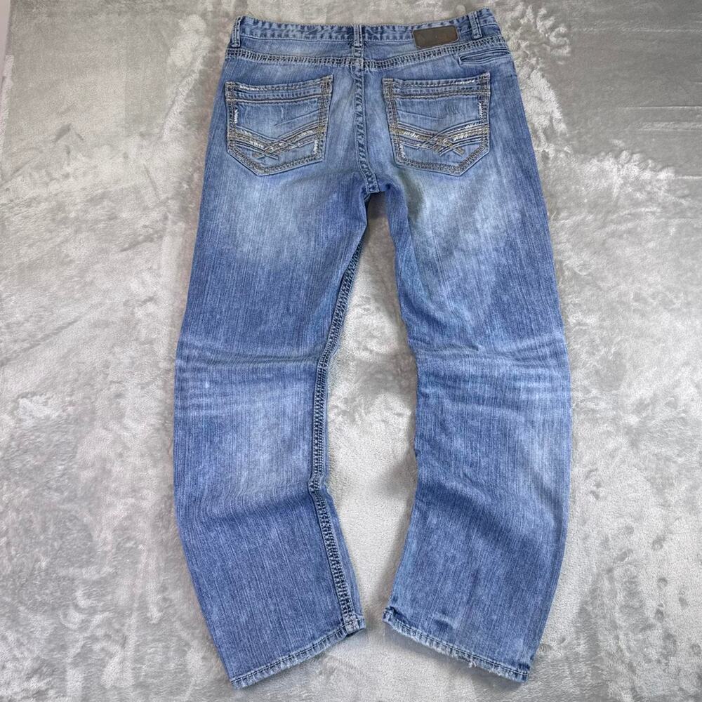 BKE Tyler Straight Leg Jeans Mens 36L Blue Denim Distressed Buckle